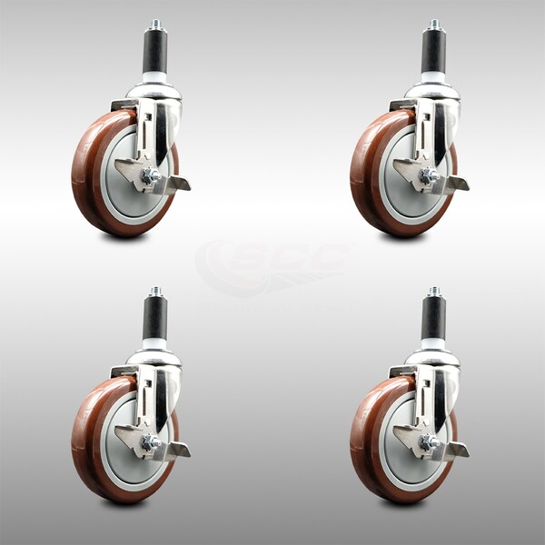 Service Caster 5 Inch 316SS Maroon Poly Swivel 1-1/4 Inch Expanding Stem Caster Set Brake SCC SCC-SS316EX20S514-PPUB-MRN-TLB-114-4 - main